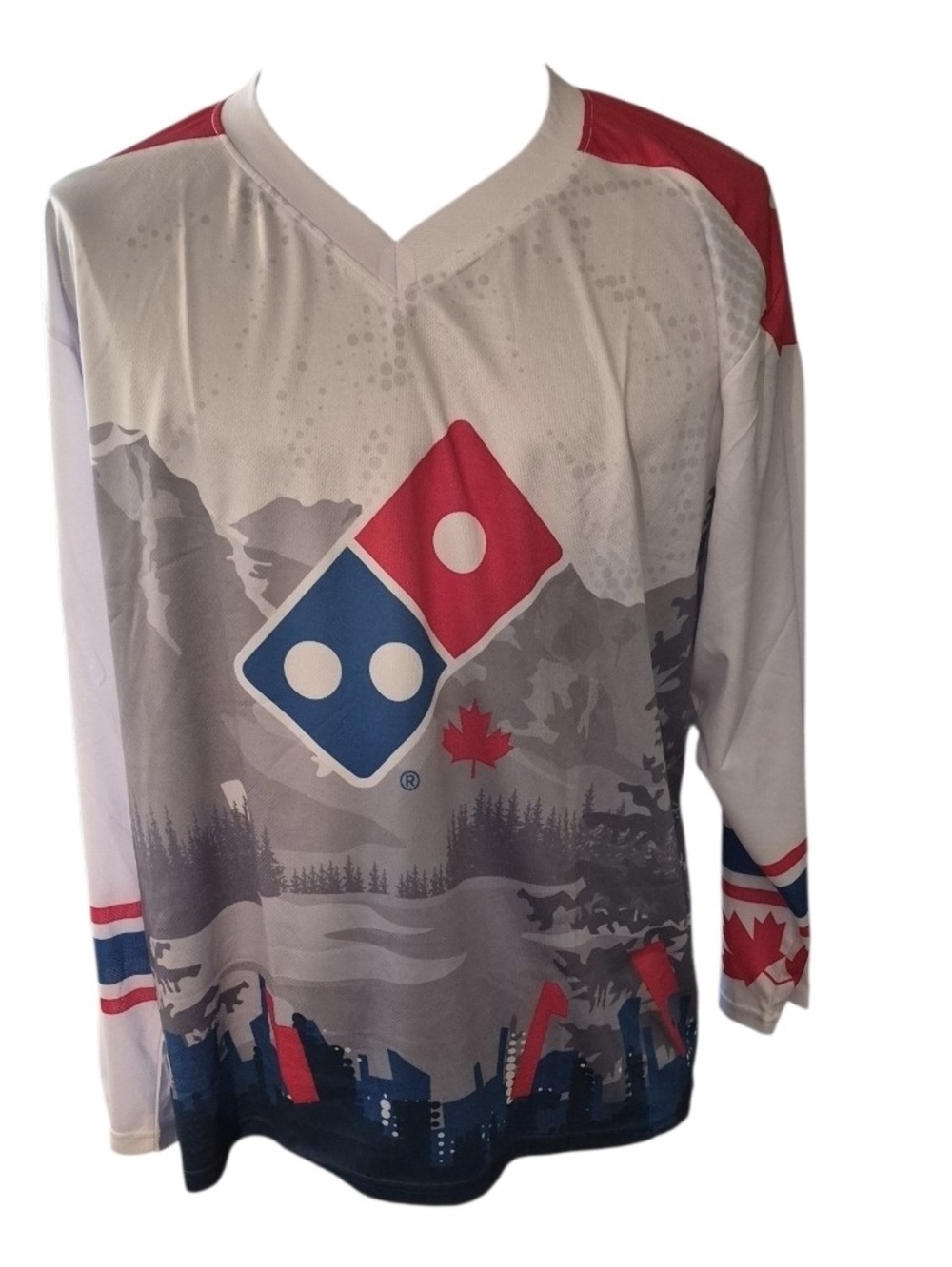 Domino's Pizza Canada hockey jersey with red maple leaf and mountain
